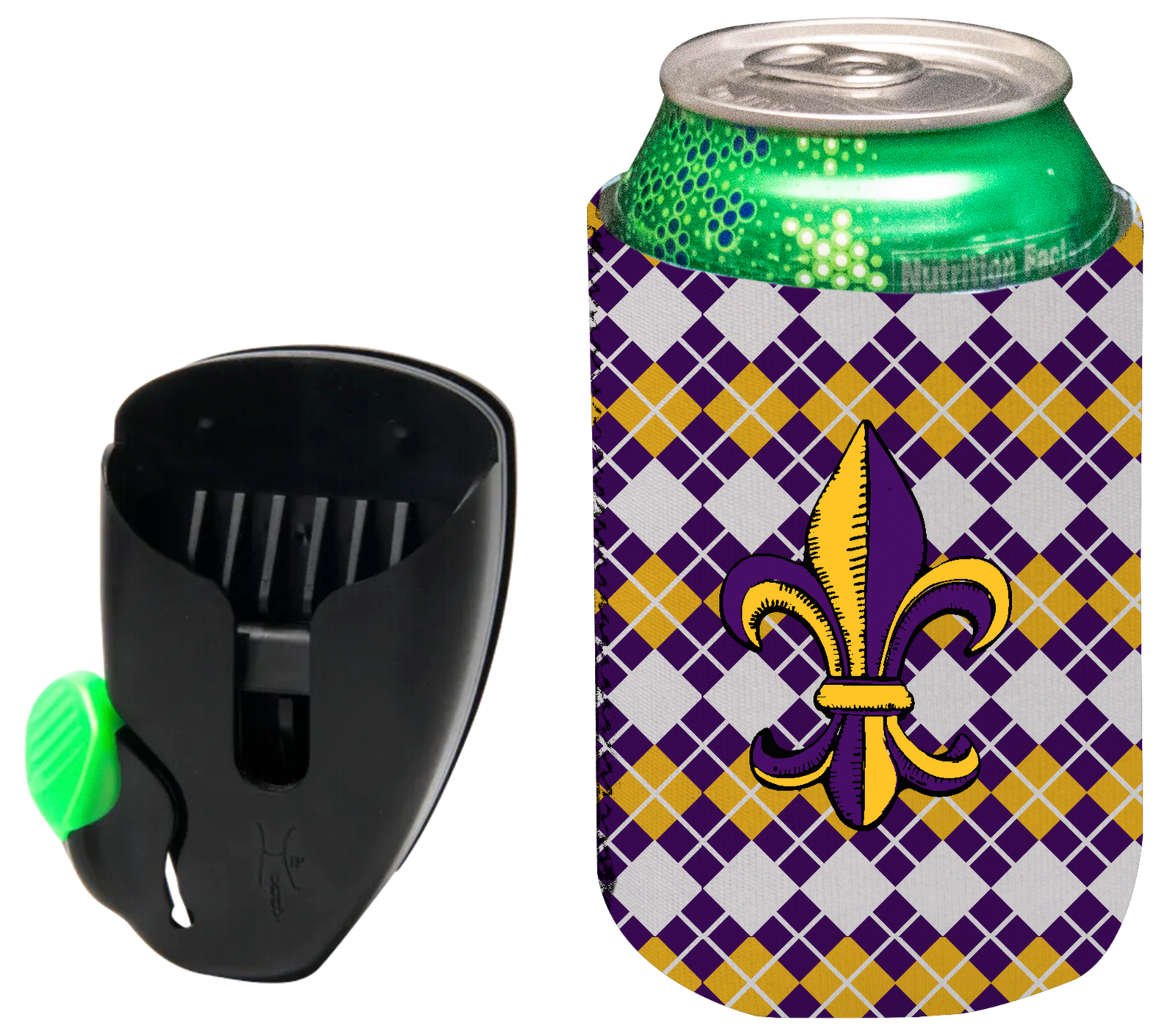 Small Hands Free  Beer & Drink Holder/Carrier (Purple Gold Fleur De Lis)