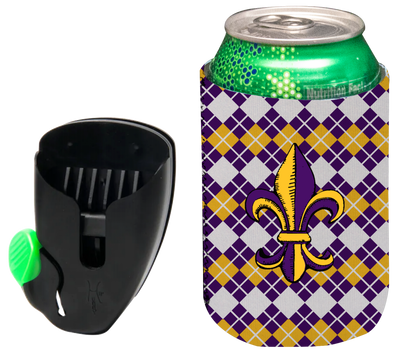 Small Hands Free  Beer & Drink Holder/Carrier (Purple Gold Fleur De Lis)